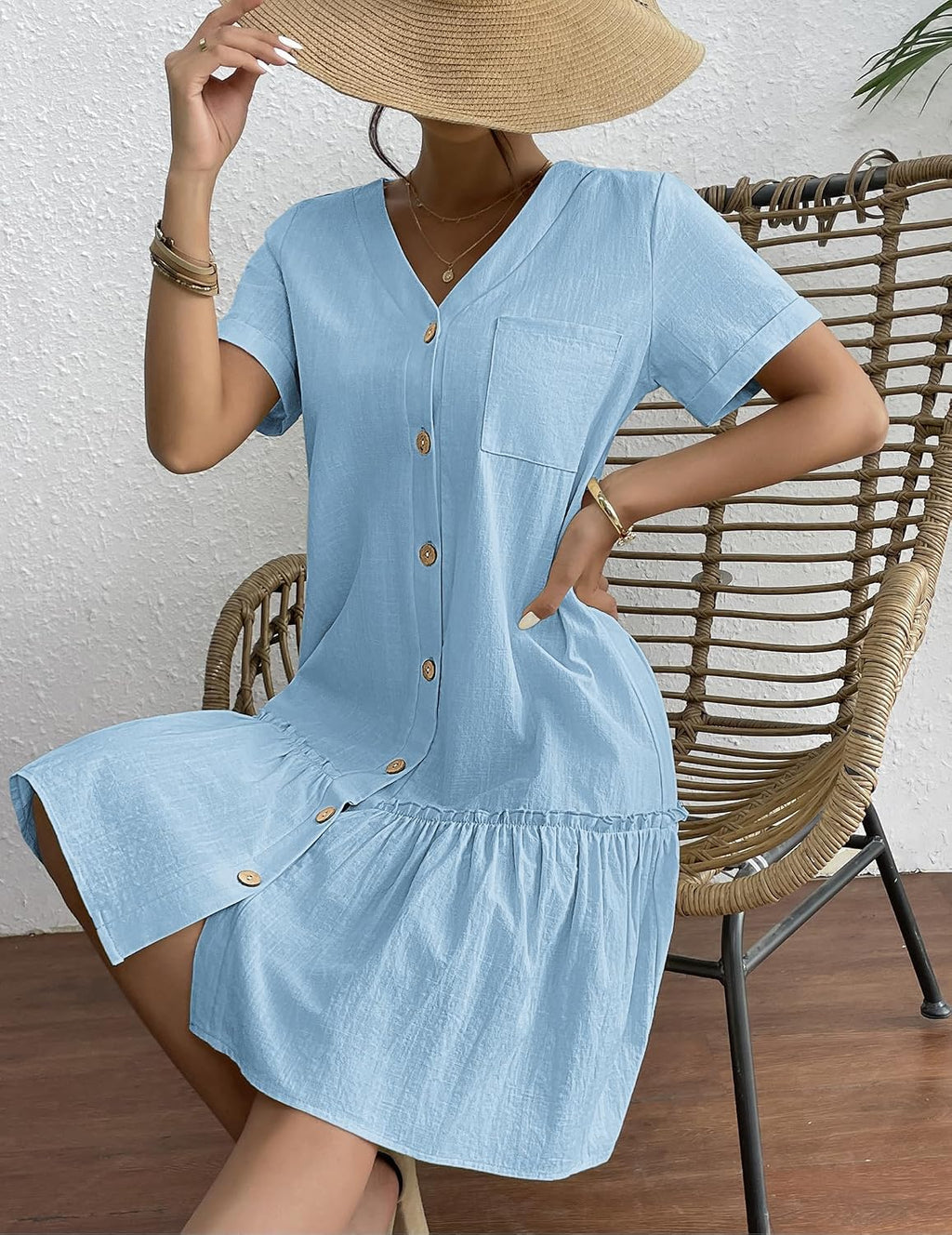 Lison Robe d'Été – Robe Courte en Mélange Coton-Lin à Col V Boutonné