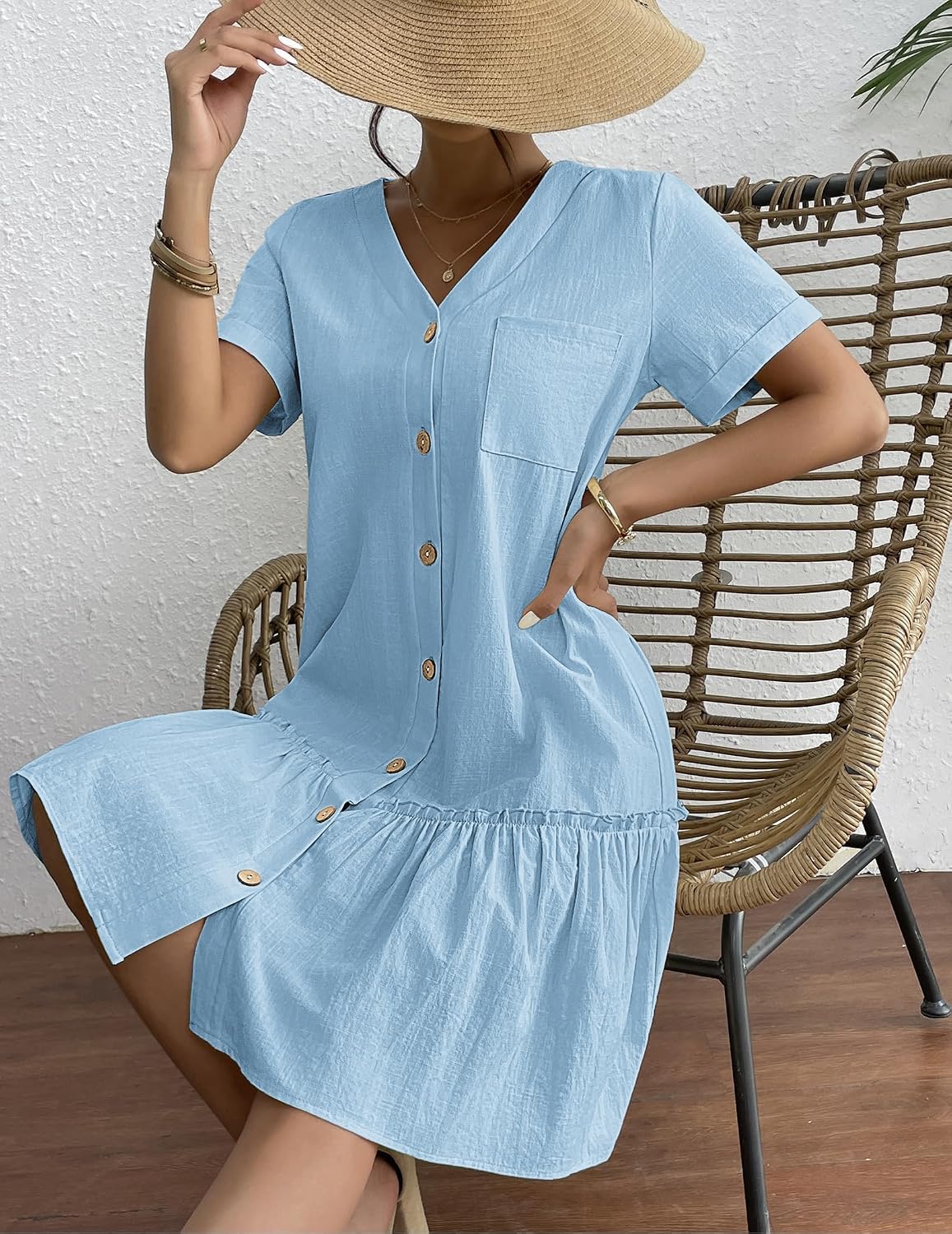 Lison Robe d'Été – Robe Courte en Mélange Coton-Lin à Col V Boutonné