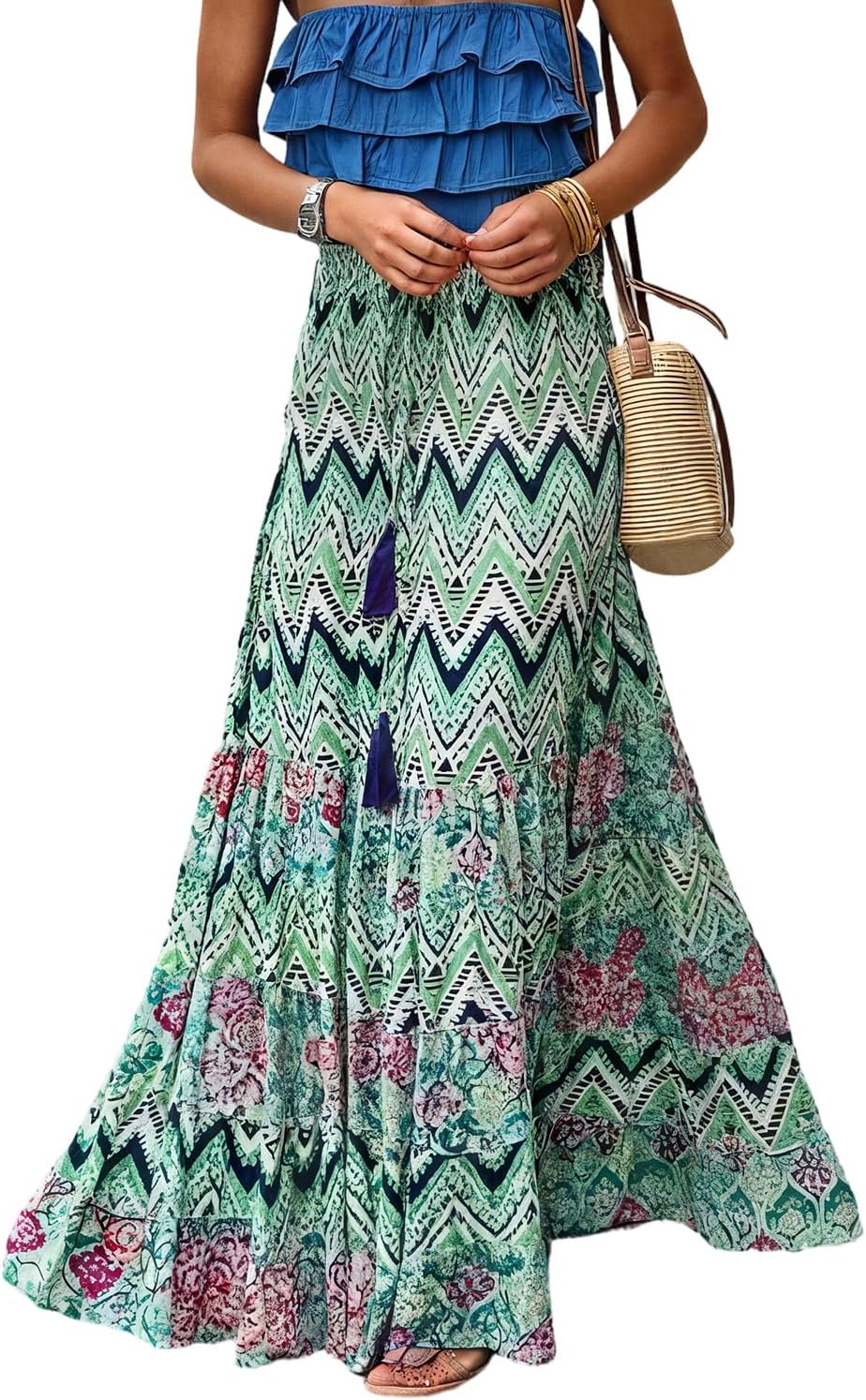 Maëlle Jupe Maxi Bohème – Jupe Longue Fleurie Taille Smockée
