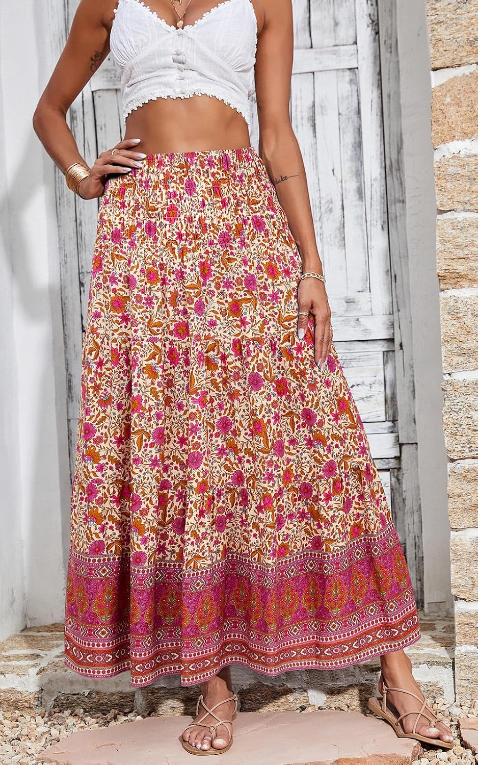 Maëlys Jupe Longue Bohème Fleurie – Jupe Maxi Évasée Taille Haute à Taille Élastique
