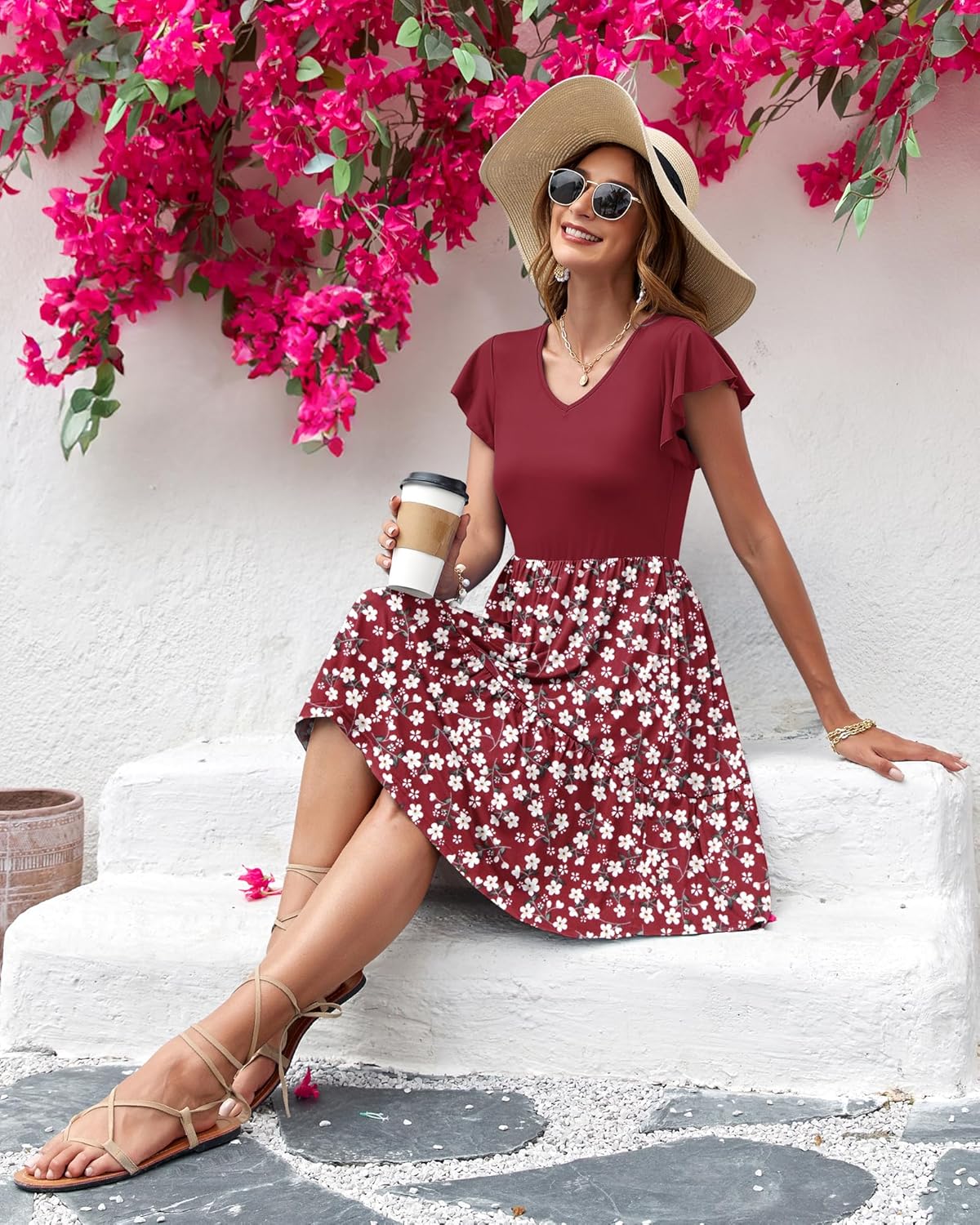 Aurélia Robe Femme – Robe Évasée à Col V avec Manches Volantées et Poches