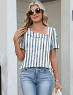 Viviana Haut Femme – Blouse à Col Asymétrique avec Manches Courtes et Boutons Décoratifs