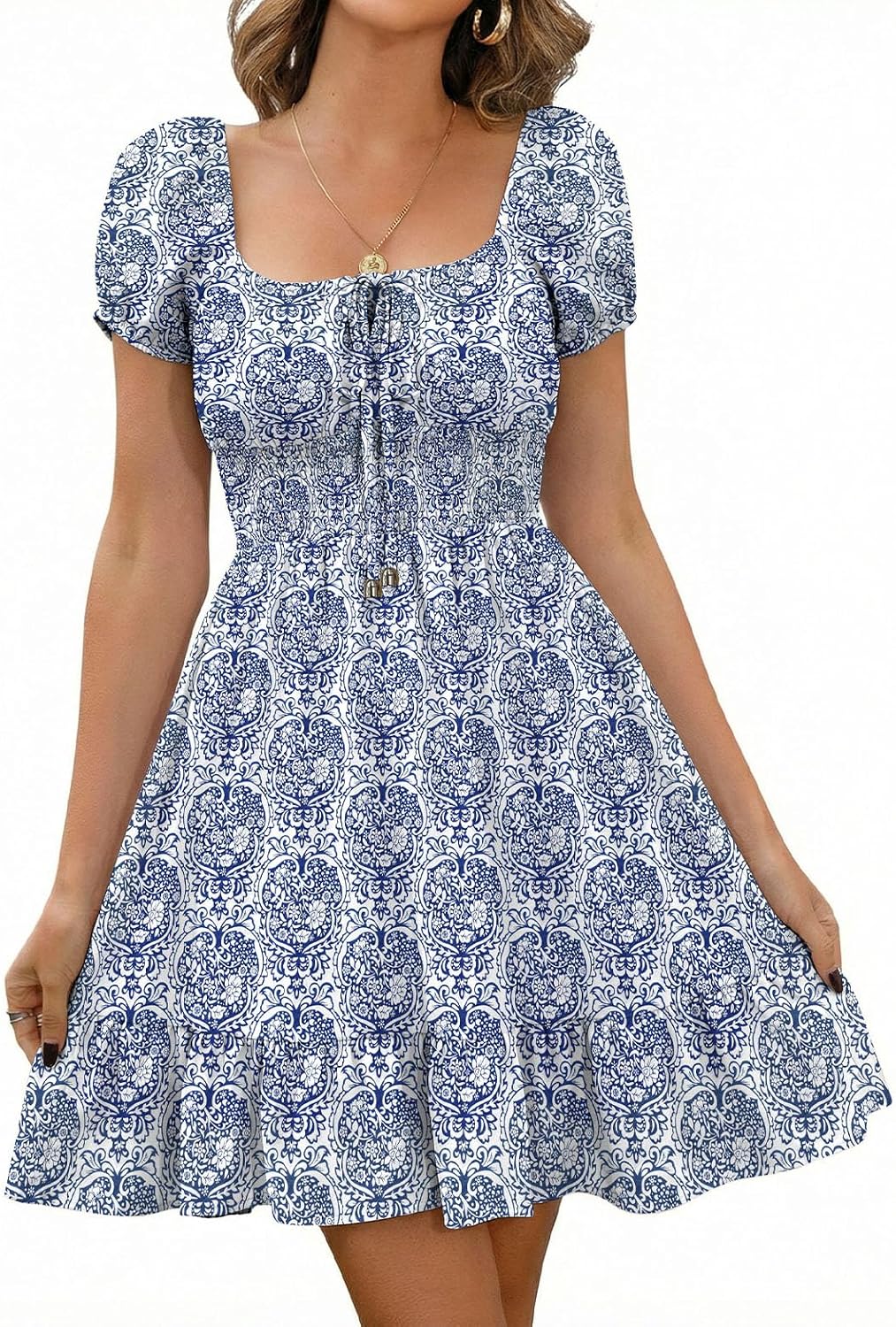 Isaline Robe Femme – Robe Courte Fleurie à Taille Haute et Manches Bouffantes