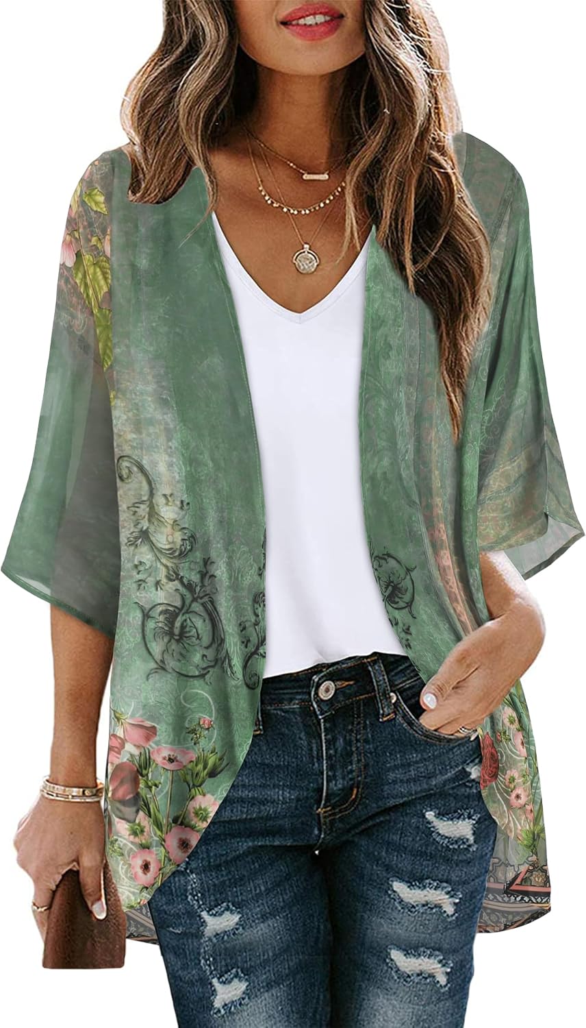 Noemi Kimono Femme – Kimono Léger en Mousseline à Imprimé Floral avec Manches 3/4