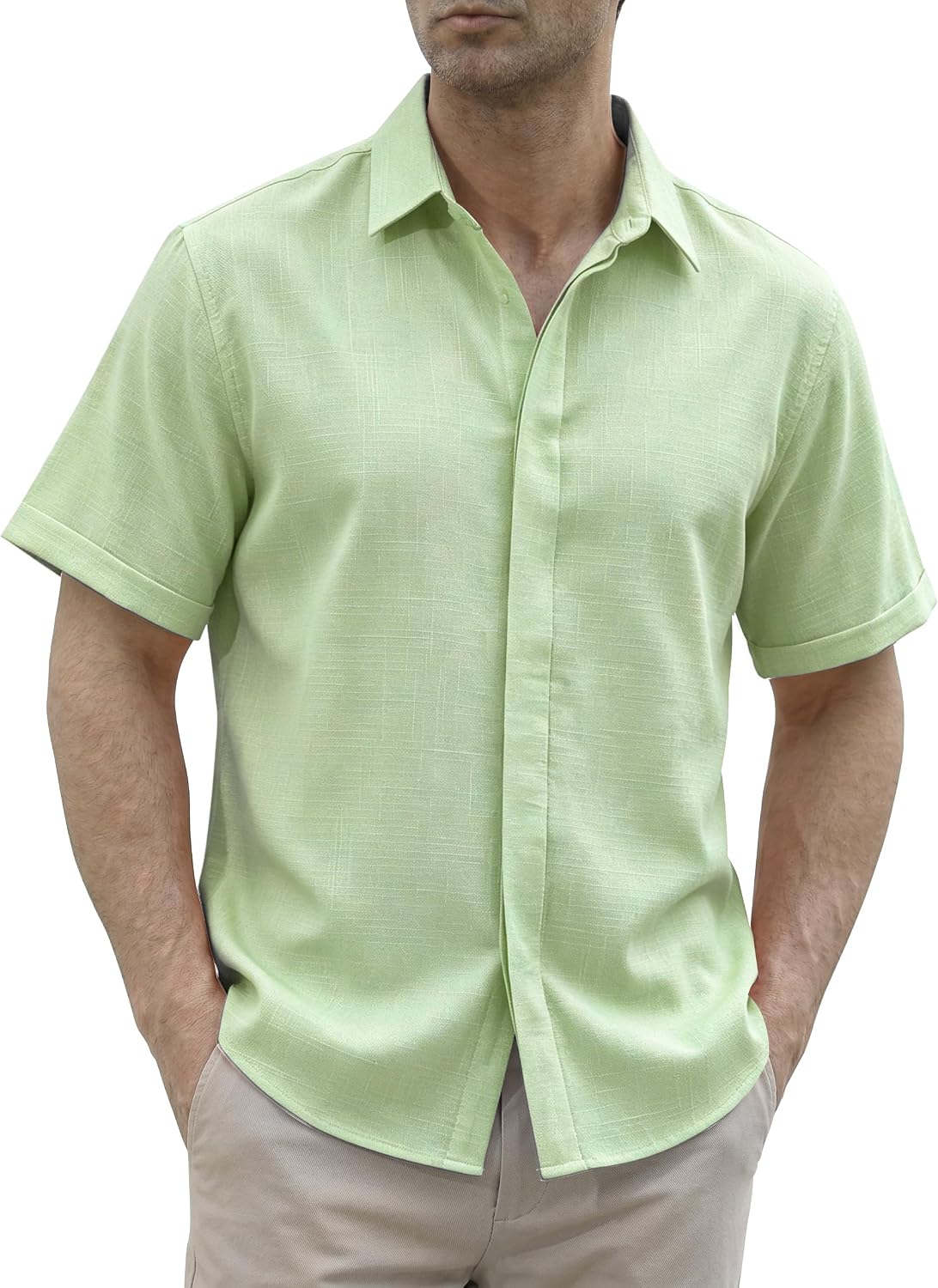 Christian Chemise en Lin Homme à Manches Courtes – Chemise Légère d'Été à Boutons Invisibles
