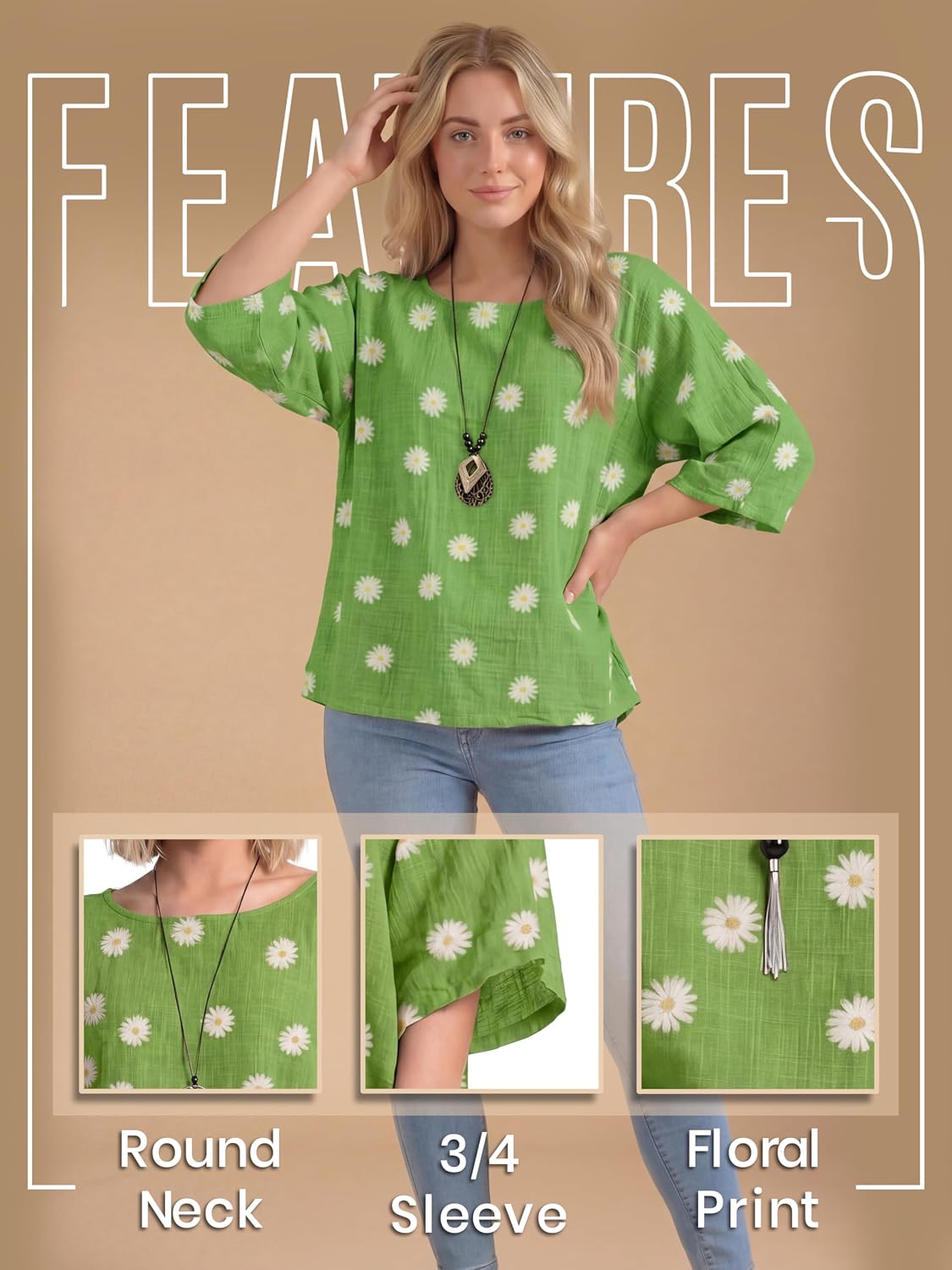 Giulia Haut Femme – Tunique Fleurie en Coton à Manches 3/4 et Coupe Ample