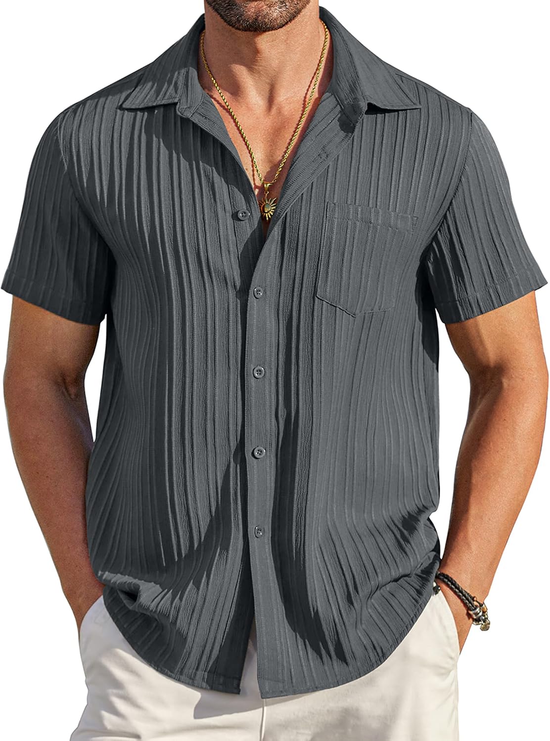 Bastien Chemise Homme – Chemise Texturée à Manches Courtes avec Poche