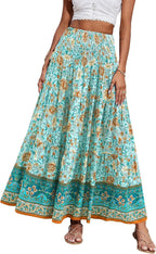 Maëlys Jupe Longue Bohème Fleurie – Jupe Maxi Évasée Taille Haute à Taille Élastique