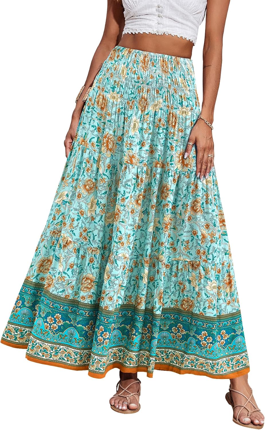 Maëlys Jupe Longue Bohème Fleurie – Jupe Maxi Évasée Taille Haute à Taille Élastique
