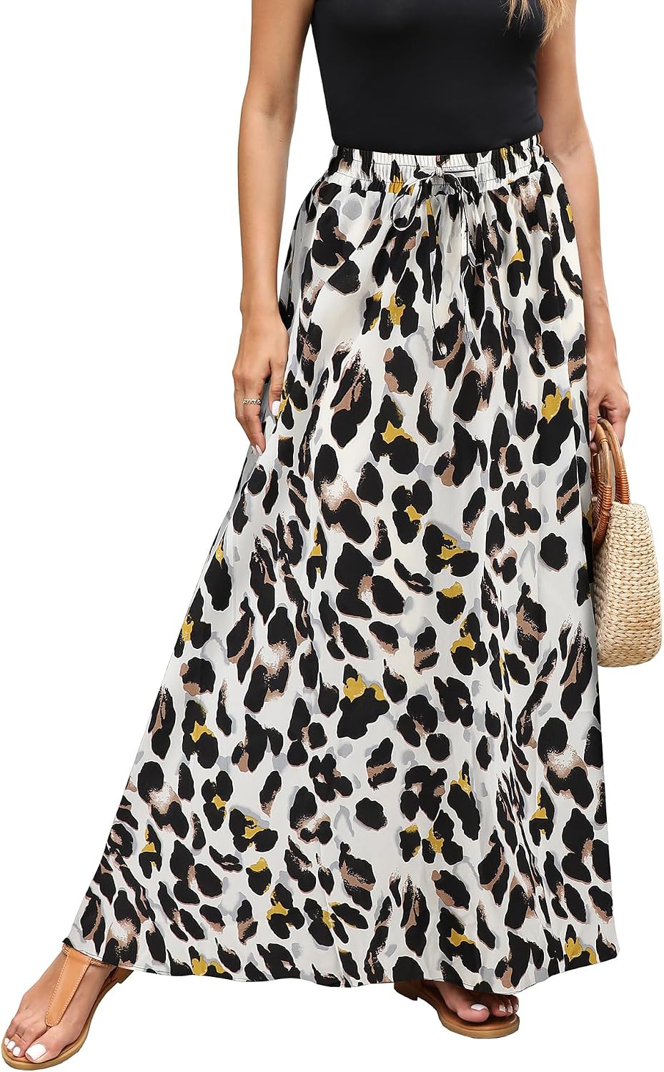 Estelle Jupe Maxi Imprimé Léopard – Jupe Longue Taille Élastique avec Cordon