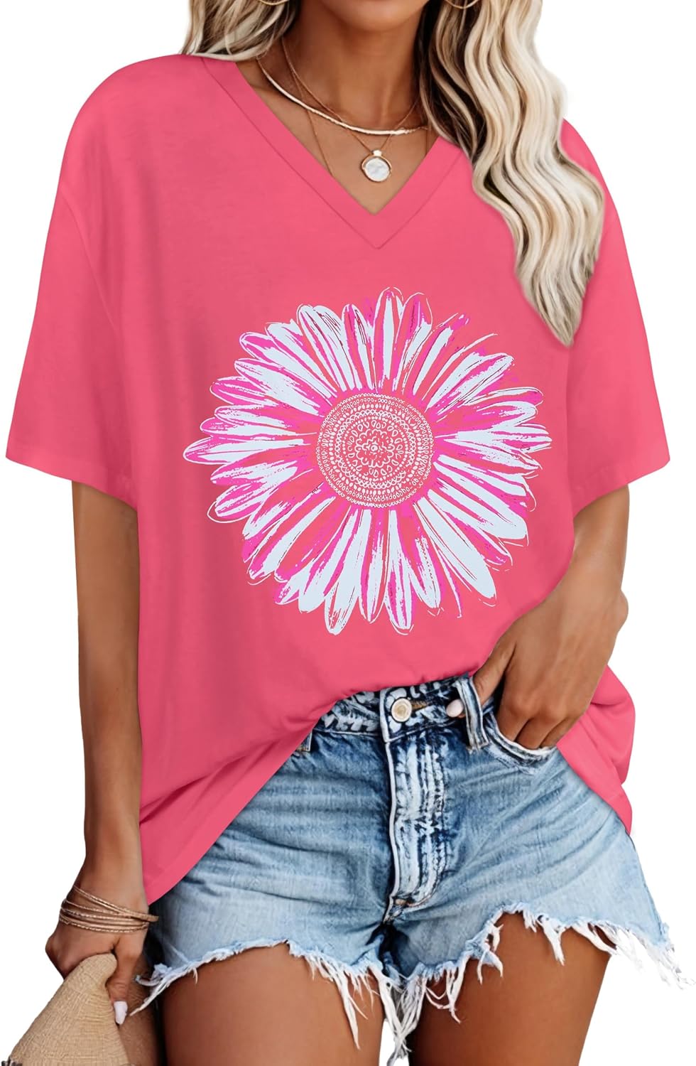 Elaine T-Shirt Oversize Femme – Haut Décontracté à Col V et Manches Courtes