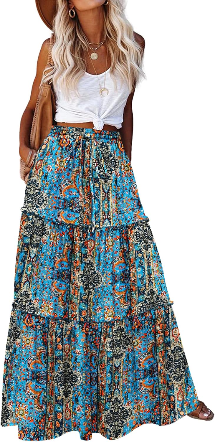 Maëlle Jupe Maxi – Jupe Longue Bohème Taille Haute à Volants avec Poches