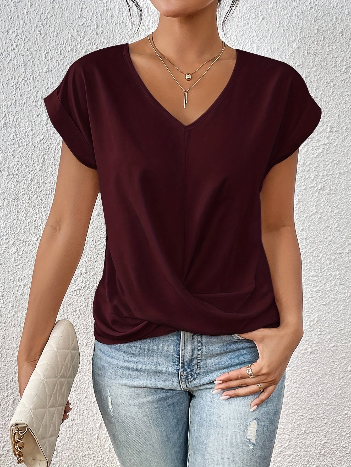 Élise Top Femme – Col en V Drapé, Manches Courtes & Coupe Confortable