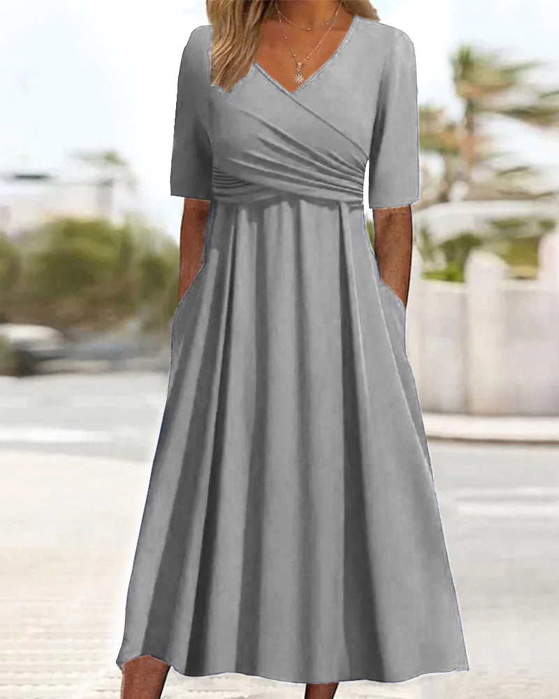 Marley Robe Midi Femme – Robe Trapèze en Coton avec Col en V, Plis et Poches pour Toutes les Occasions