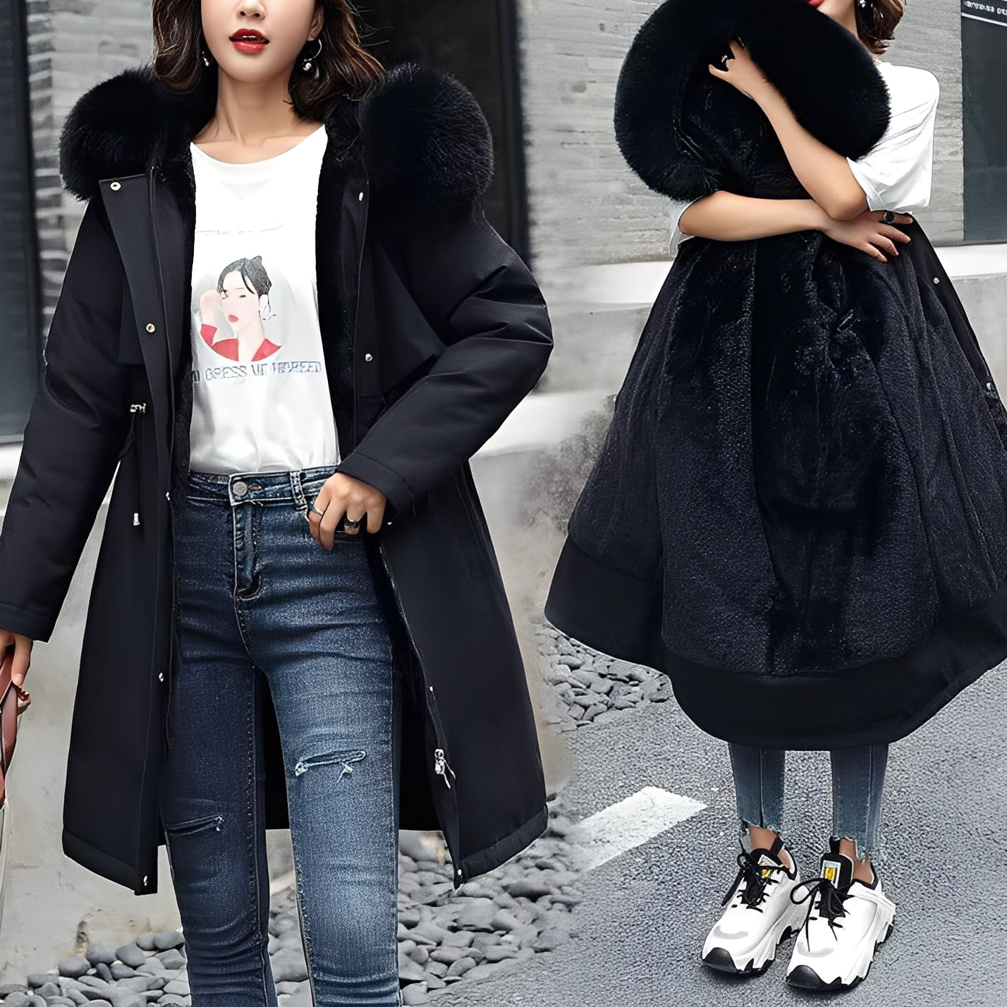 Zoé Manteau Femme Hiver – Doudoune Longue Chaude à Capuche & Taille Ajustable