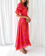 Chloe Robe Longue Femme – Robe Maxi Fleurie à Col V avec Manches Bouffantes Élégantes