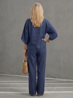 Arianne Ensemble Tunique et Pantalon – Ensemble Décontracté en Coton et Lin à Boutons