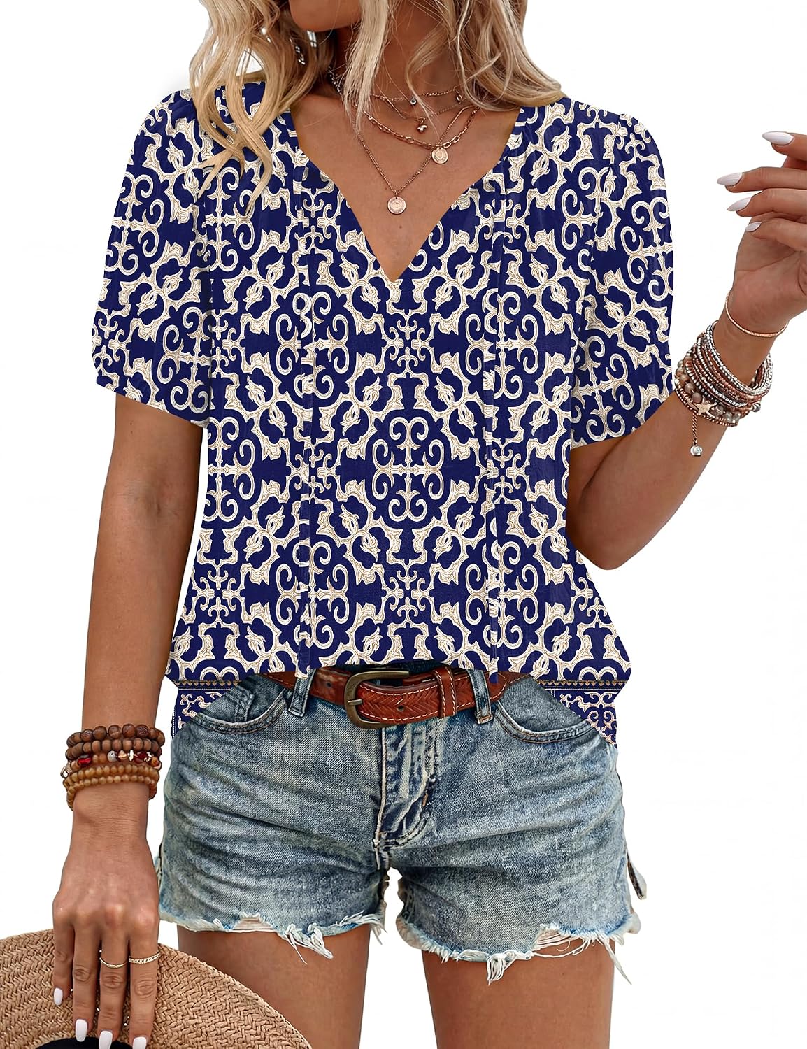 Caterina Blouse Femme – Blouse Bohème à Col V avec Liens à Nouer et Manches Courtes Bouffantes