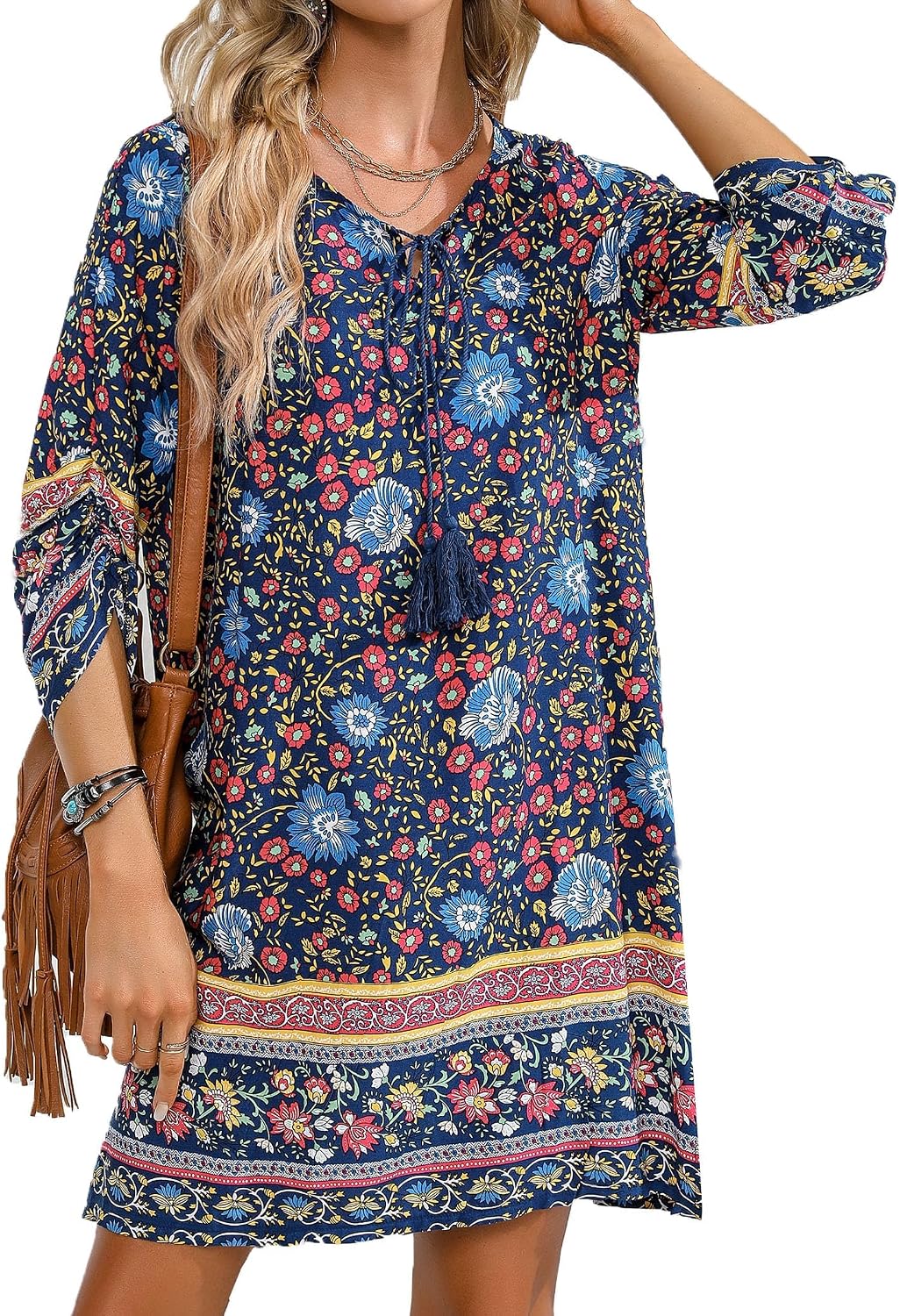 Thaïs Robe Tunique – Robe Bohème Fleurie à Col V et Manches 3/4