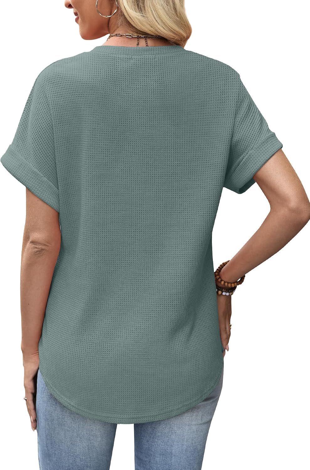 Amandine Women's Top – Textured T-Shirt with Rolled Sleeves and Rounded Hem