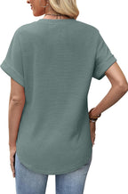 Amandine Women's Top – Textured T-Shirt with Rolled Sleeves and Rounded Hem