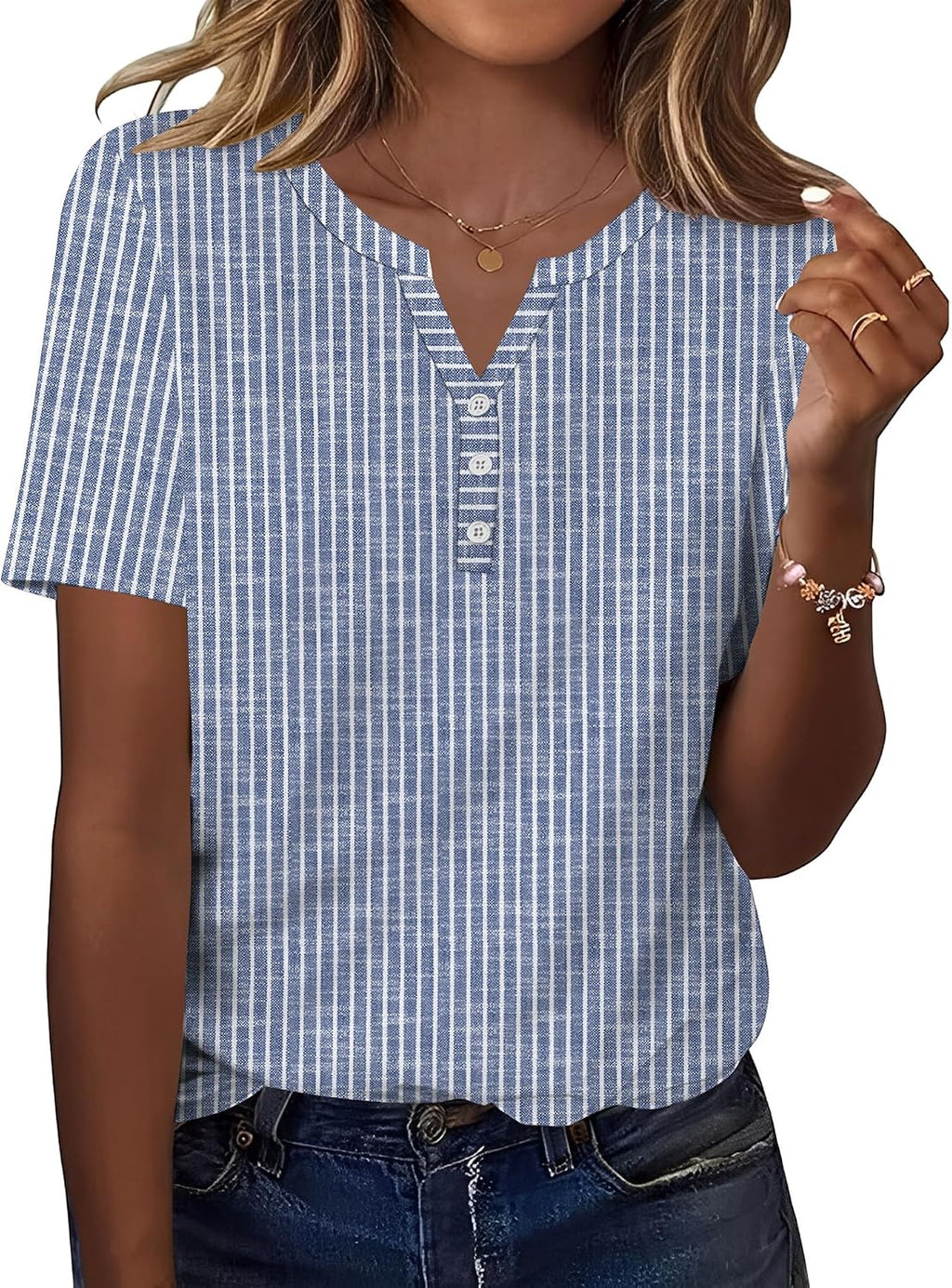 Lorraine T-Shirt Henley Femme – Haut Décontracté à Col V et Manches Courtes