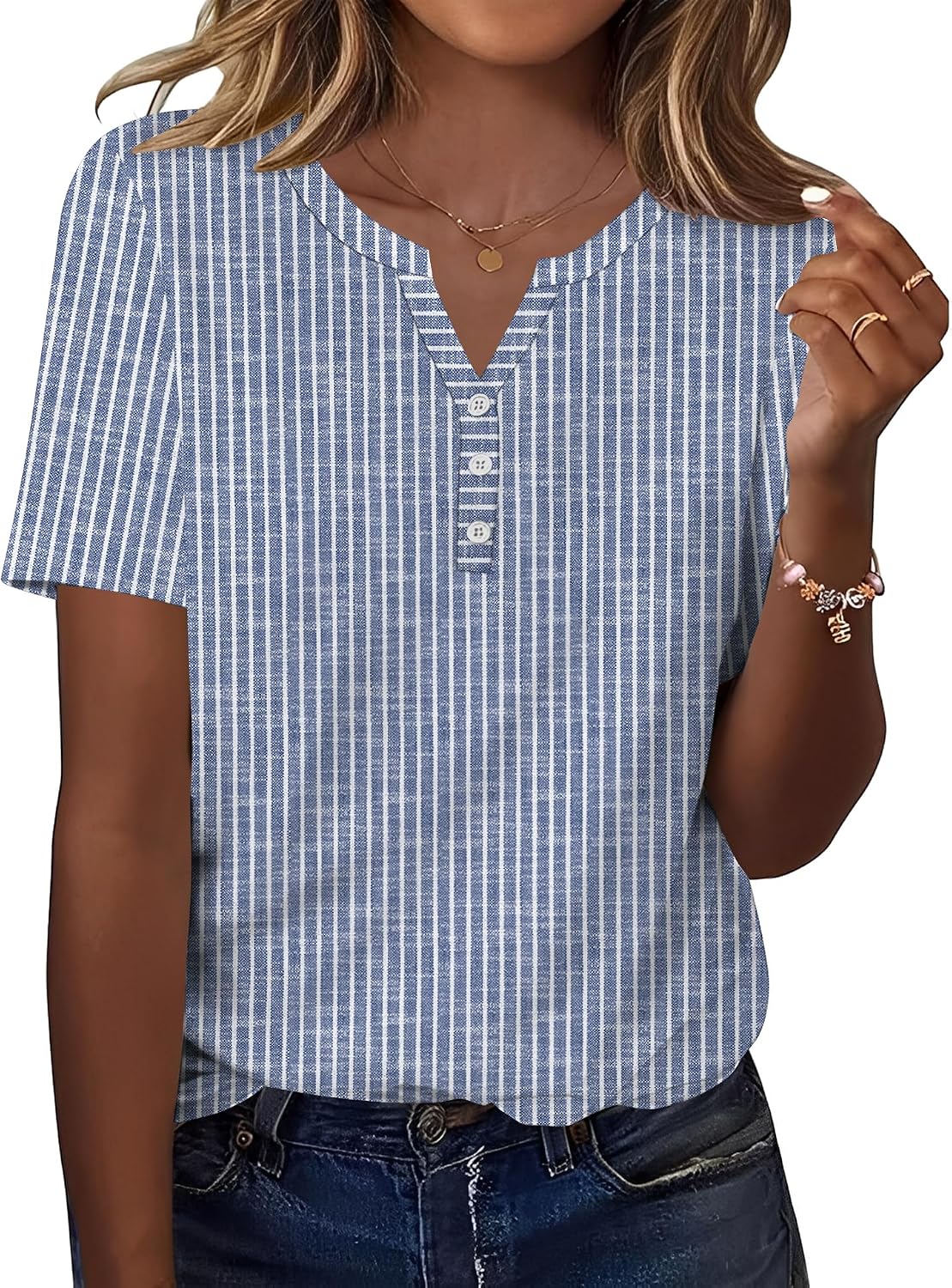 Lorraine T-Shirt Henley Femme – Haut Décontracté à Col V et Manches Courtes