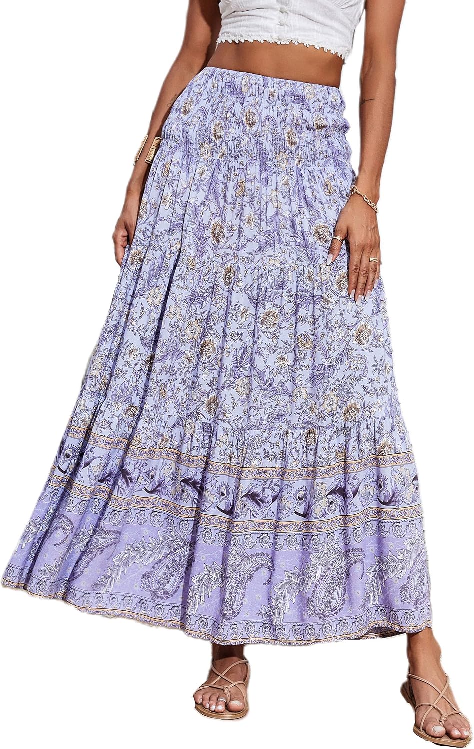 Maëlys Jupe Longue Bohème Fleurie – Jupe Maxi Évasée Taille Haute à Taille Élastique