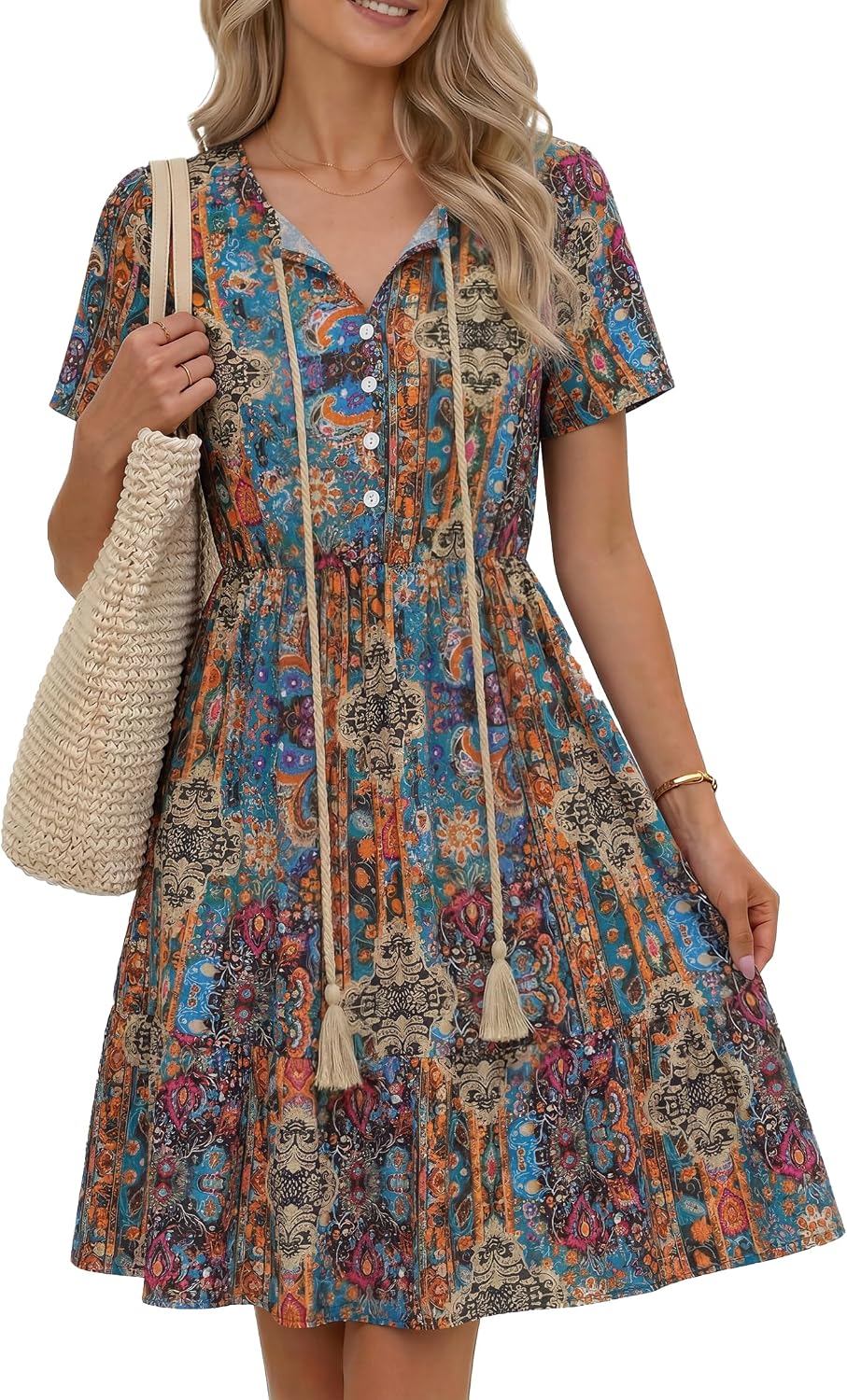 Monique Robe Midi Femme – Imprimé Bohème à Col V avec Manches Courtes