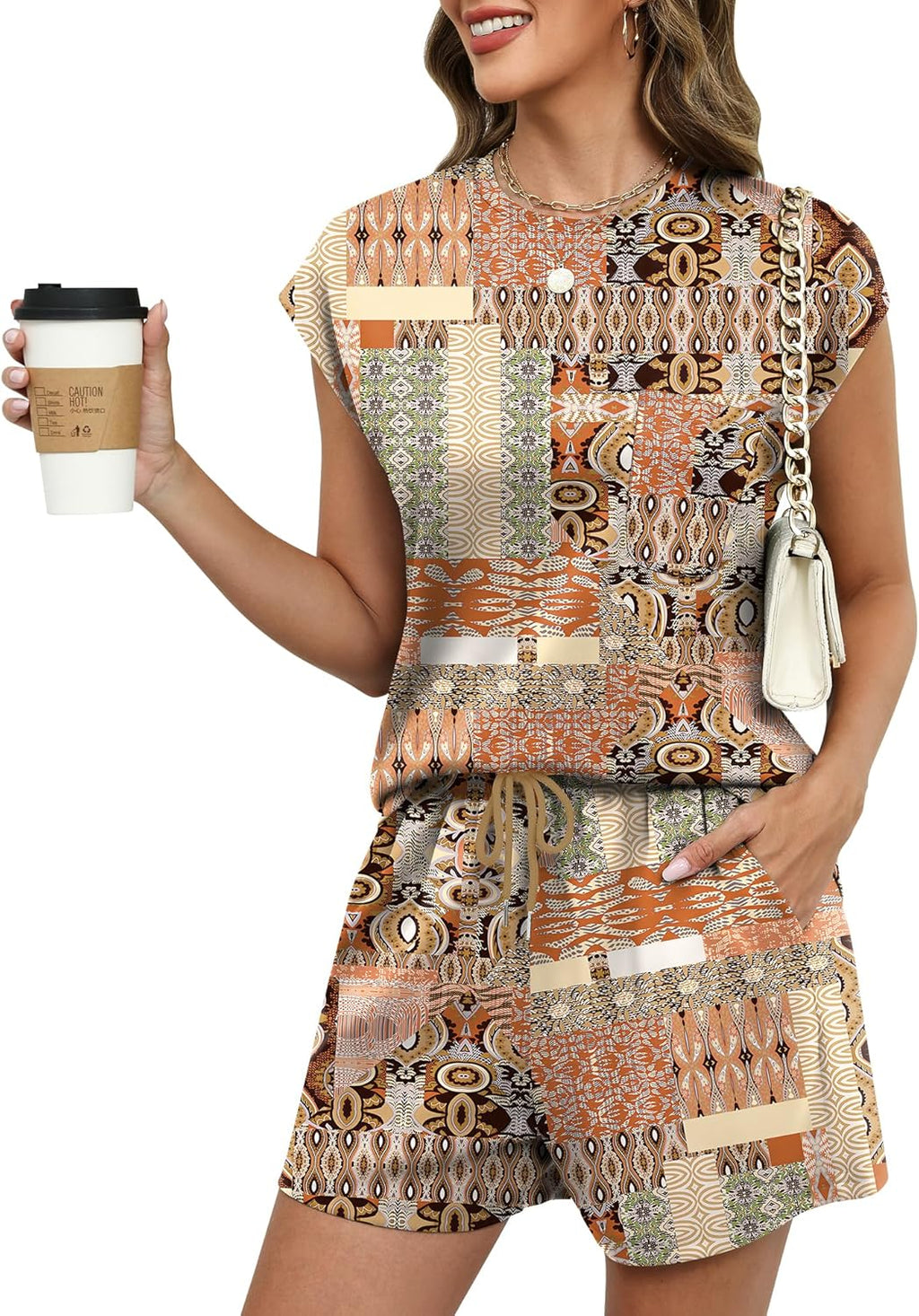Isabella Ensemble Femme – Ensemble Deux Pièces avec Haut à Manches Courtes et Short à Cordon de Serrage