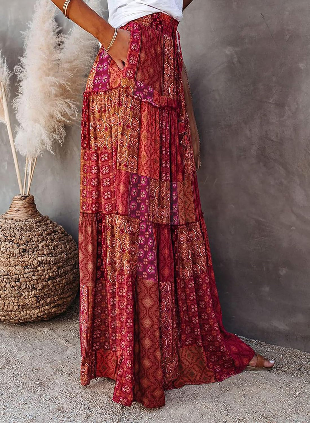 Anaïs Jupe Midi – Jupe Bohème Fluide Taille Haute avec Poches et Coupe Trapèze
