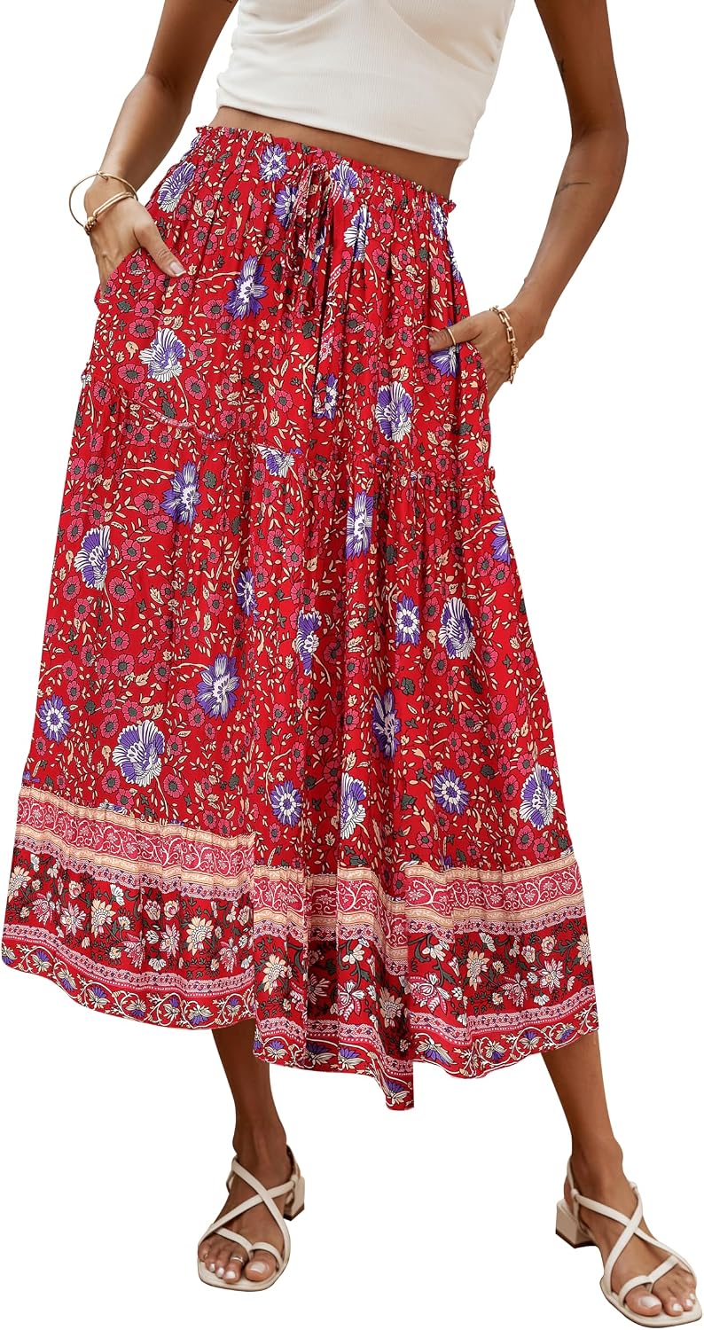 Évelyne Jupe Maxi – Jupe Longue Bohème Fleurie Taille Haute avec Poches