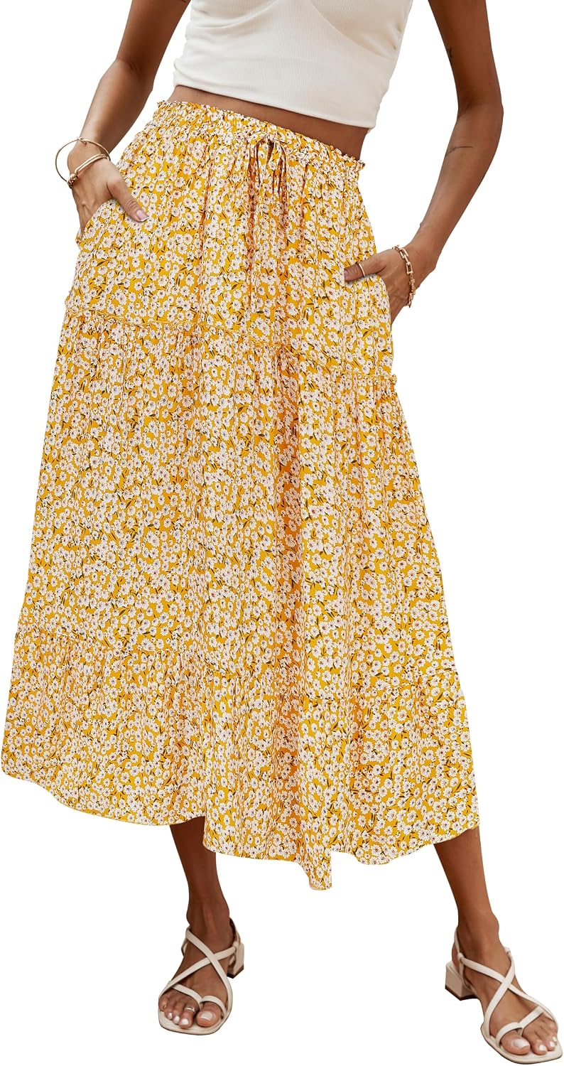 Évelyne Jupe Maxi – Jupe Longue Bohème Fleurie Taille Haute avec Poches