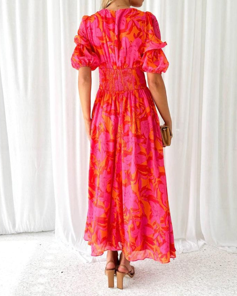 Chloe Robe Longue Femme – Robe Maxi Fleurie à Col V avec Manches Bouffantes Élégantes