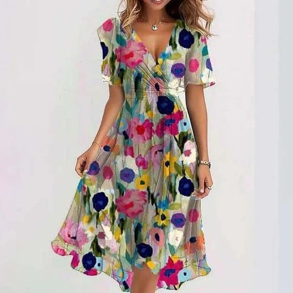 Marielle Robe Fleurie Femme – Robe Midi à Col V avec Taille Marquée et Coupe Fluide