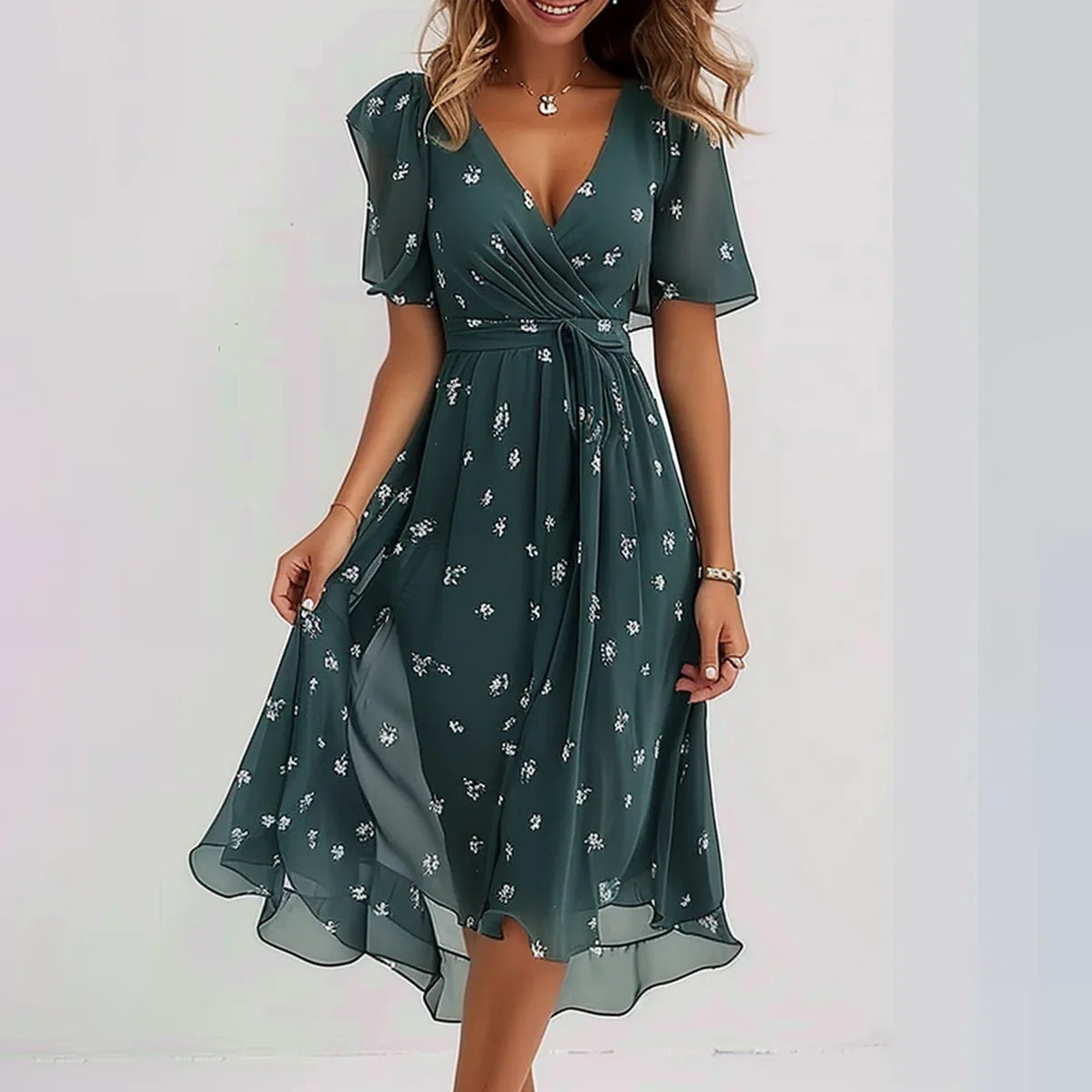 Marielle Robe Fleurie Femme – Robe Midi à Col V avec Taille Marquée et Coupe Fluide