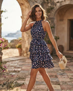Quitterie – Abito corto da donna blu a pois, con collo alto e volant sovrapposti