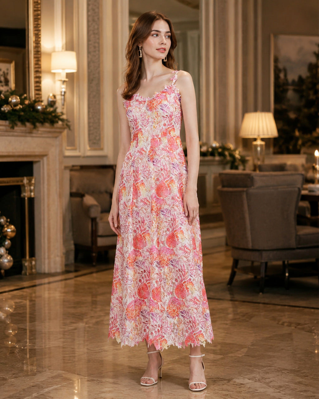 Victoire – Vestido midi de mujer con estampado floral de encaje y tirantes finos, estilo refinado