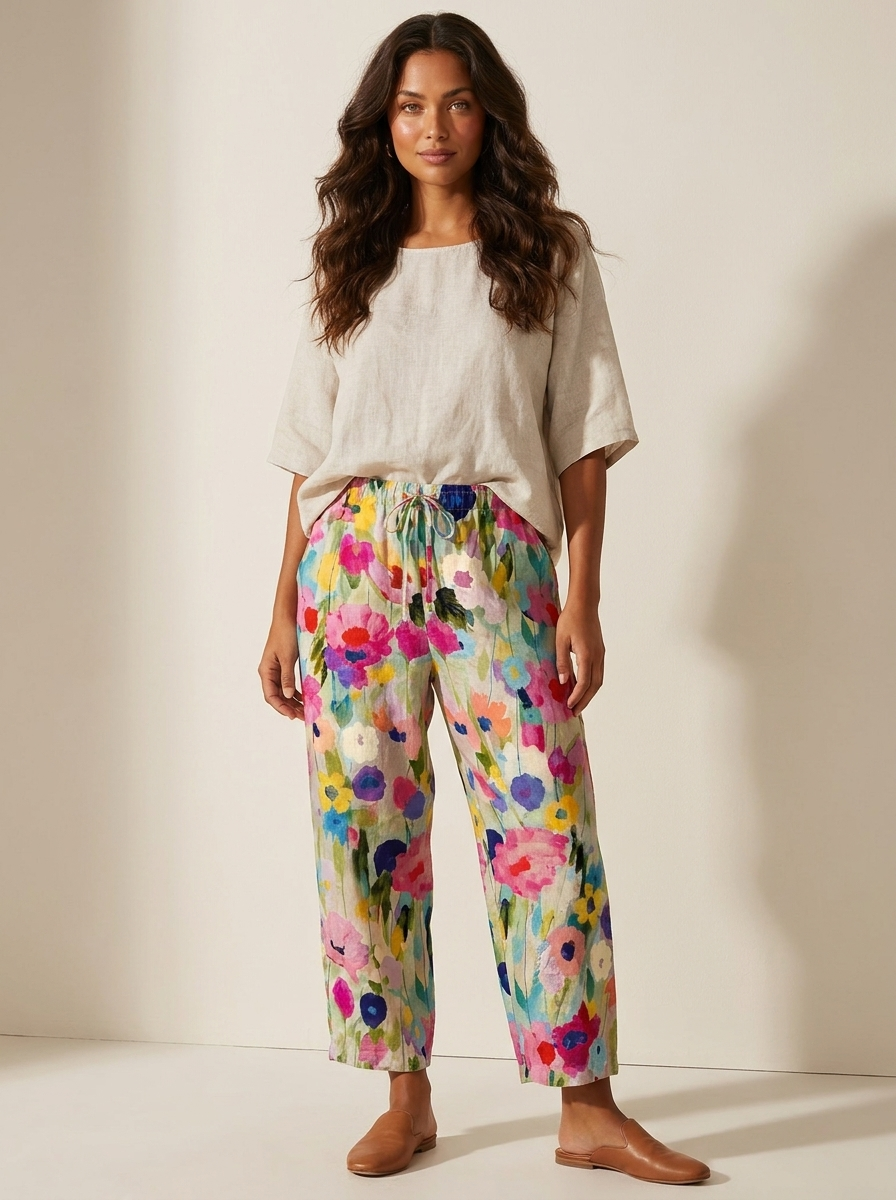 Camille Pantalon Femme – Imprimé Floral Artistique et Coupe Fluide Confortable
