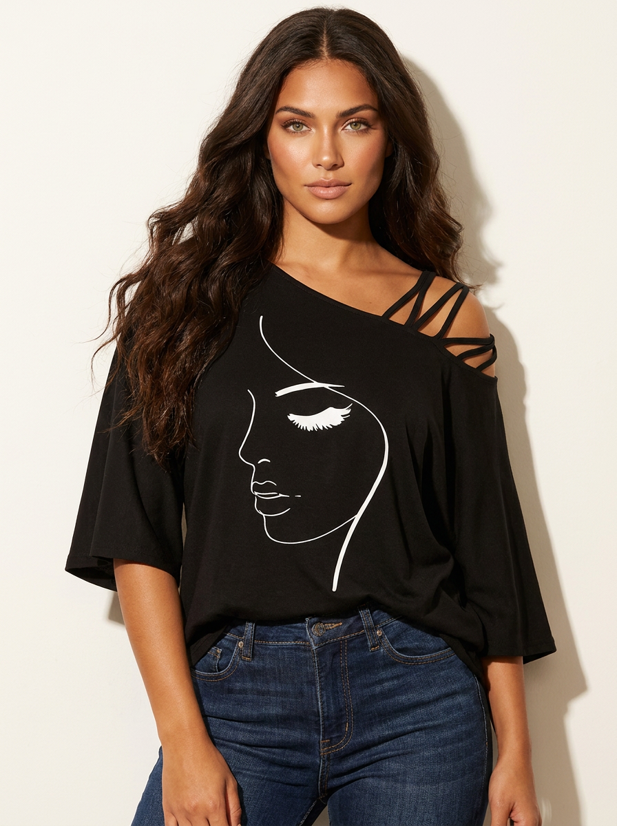 Maëlle Blouse Femme – Top Asymétrique Épaules Dénudées à Imprimé Artistique