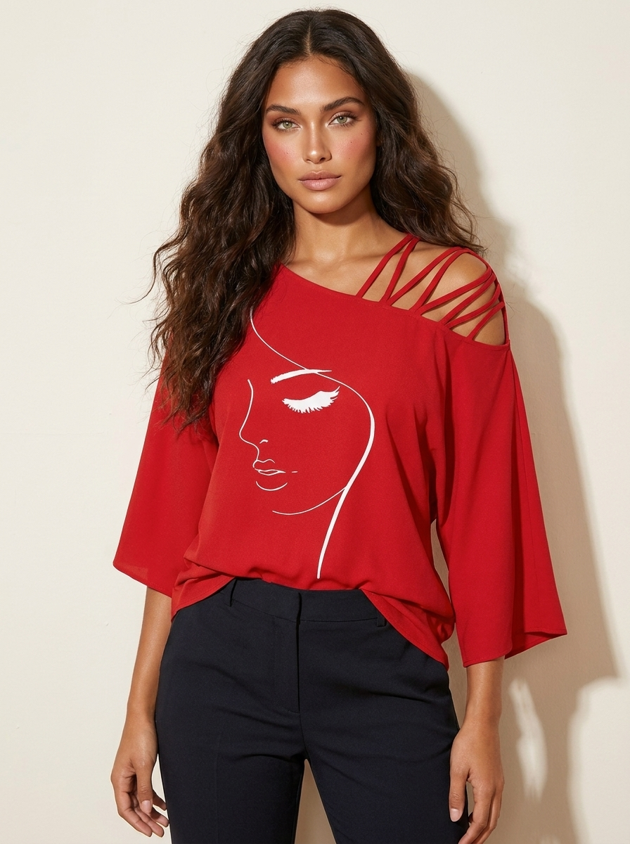Maëlle Blouse Femme – Top Asymétrique Épaules Dénudées à Imprimé Artistique