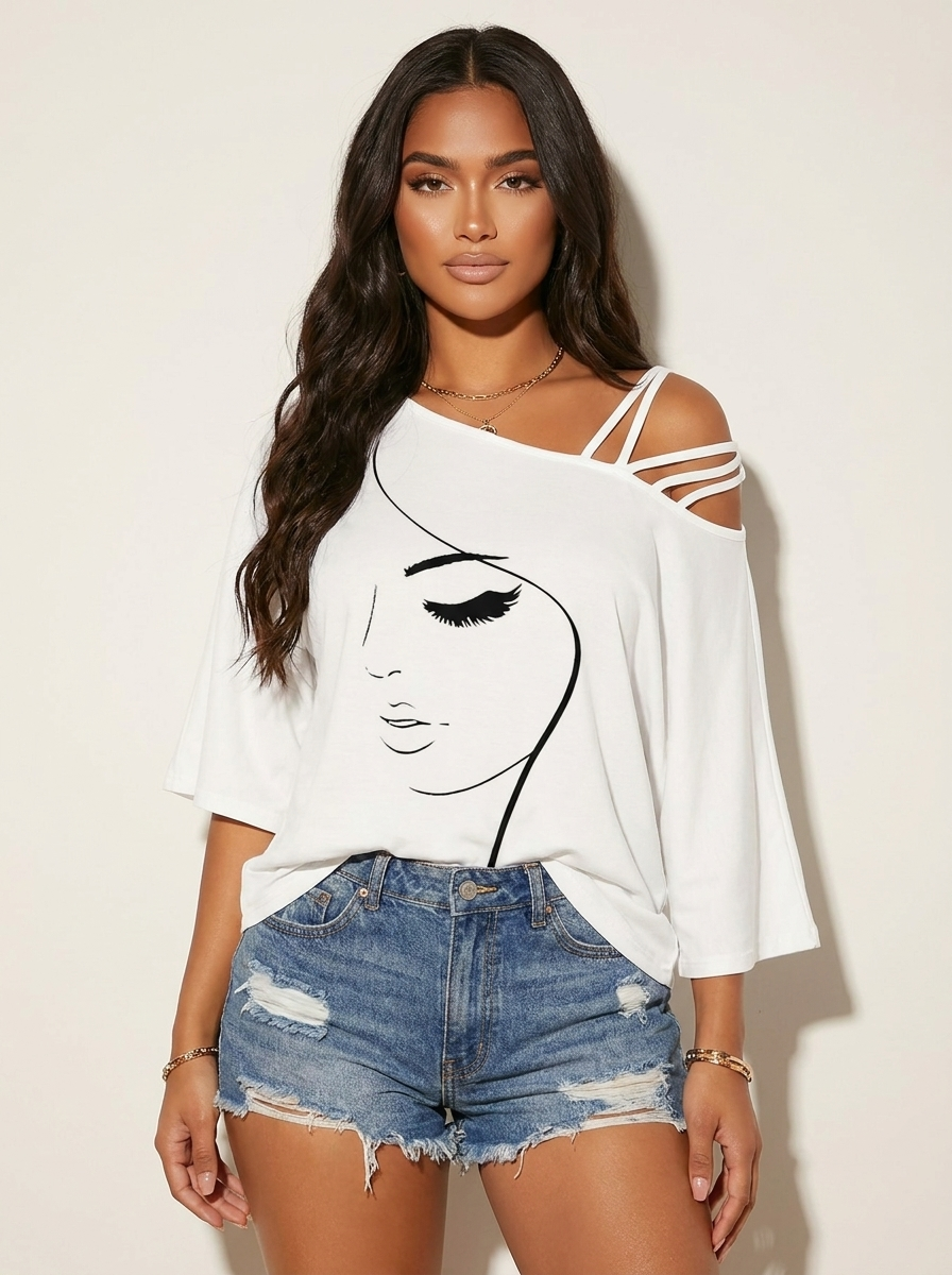 Maëlle Blouse Femme – Top Asymétrique Épaules Dénudées à Imprimé Artistique