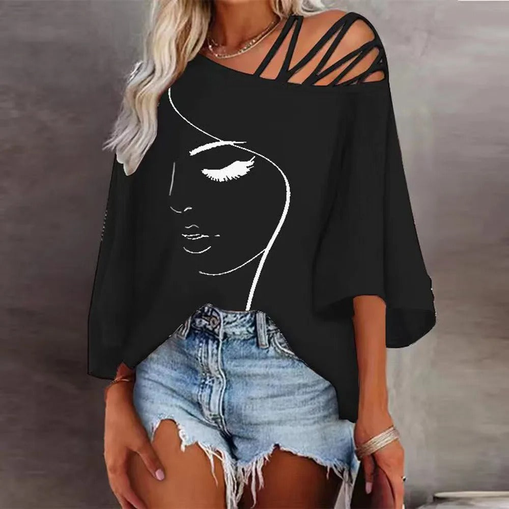 Maëlle Blouse Femme – Top Asymétrique Épaules Dénudées à Imprimé Artistique