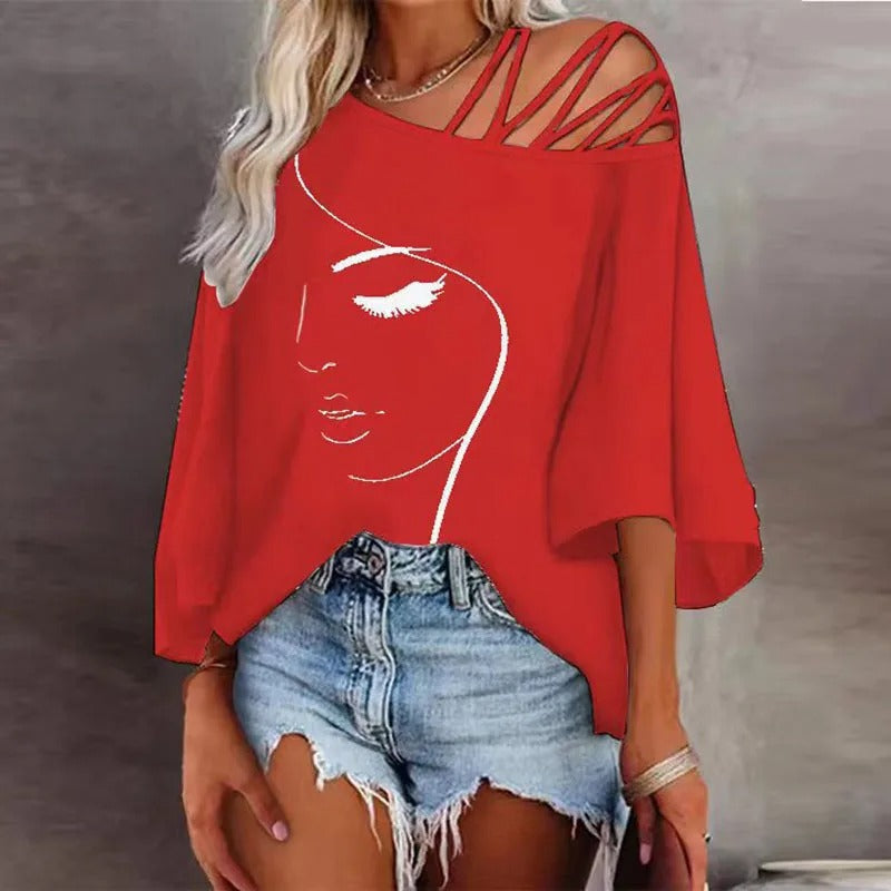 Maëlle Blouse Femme – Top Asymétrique Épaules Dénudées à Imprimé Artistique