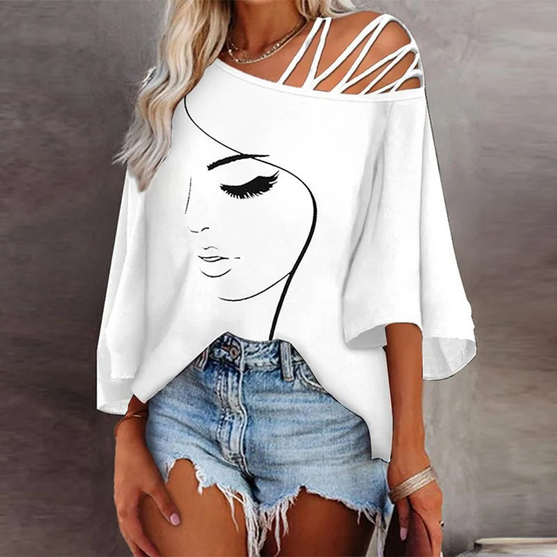 Maëlle Blouse Femme – Top Asymétrique Épaules Dénudées à Imprimé Artistique