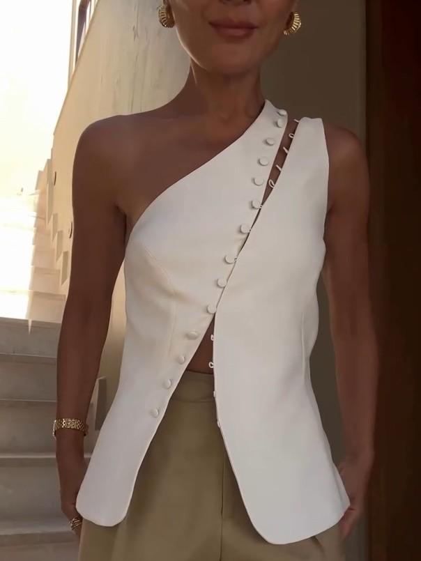 Maïwen Top Femme – Top Asymétrique One-Shoulder Sans Manches avec Boutons Décoratifs