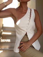 Maïwen Top Femme – Top Asymétrique One-Shoulder Sans Manches avec Boutons Décoratifs