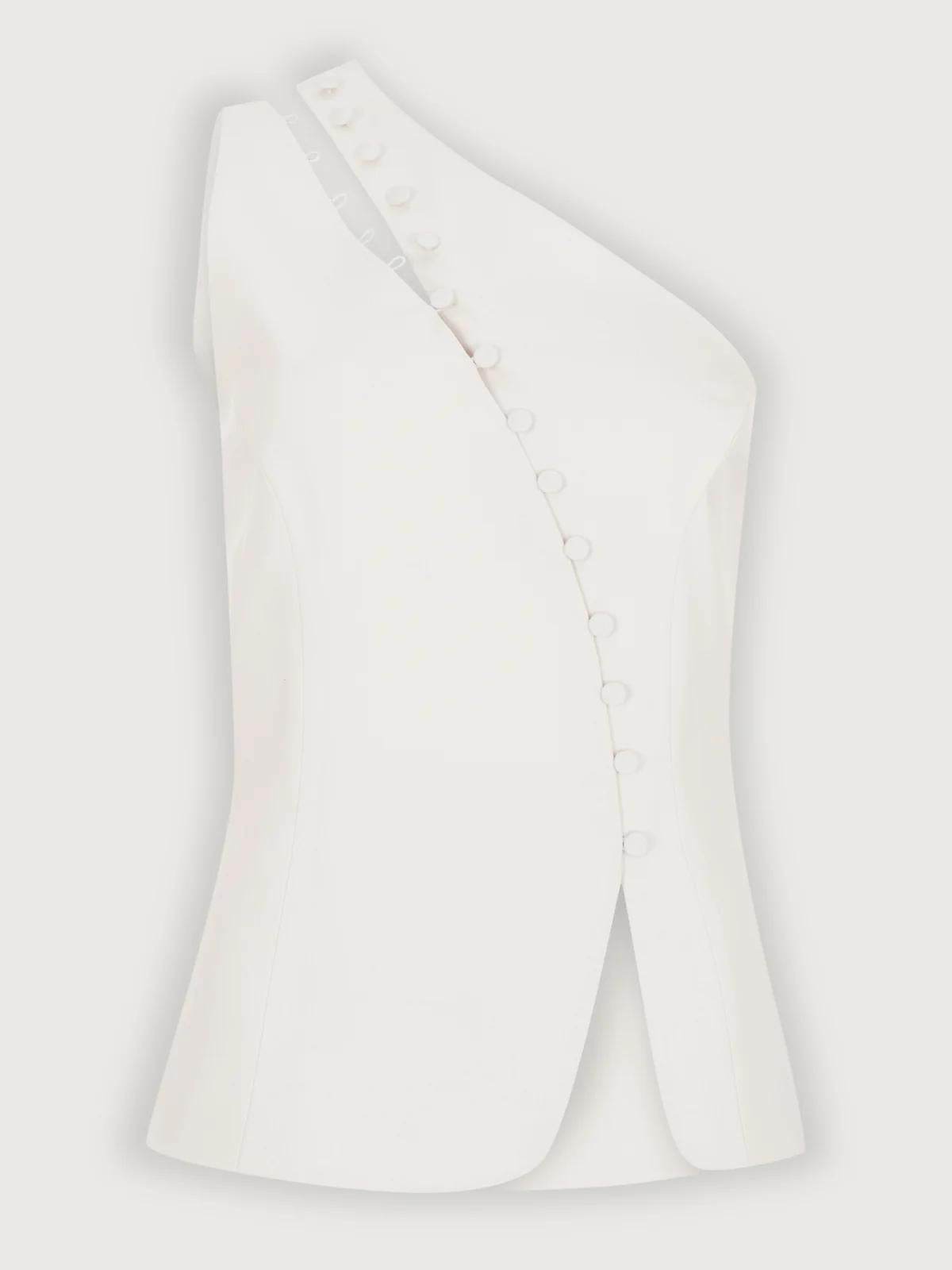 Maïwen Top Femme – Top Asymétrique One-Shoulder Sans Manches avec Boutons Décoratifs