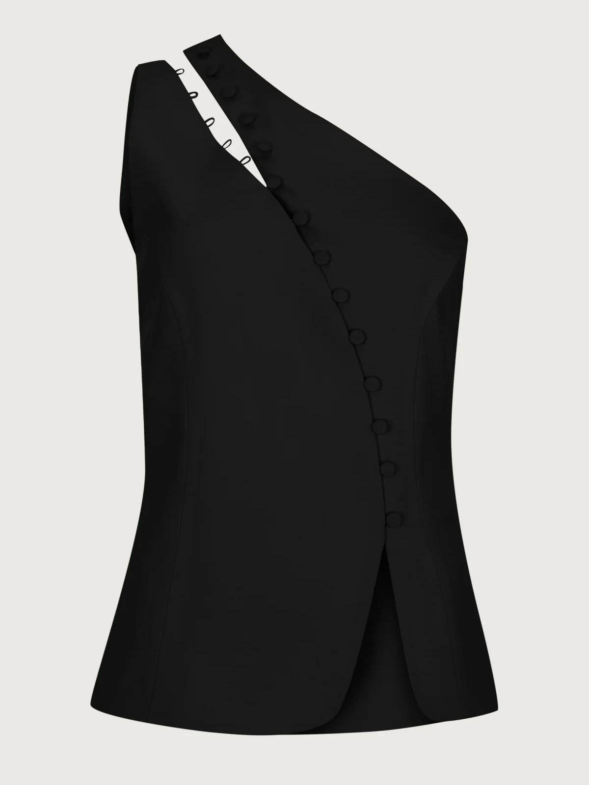 Maïwen Top Femme – Top Asymétrique One-Shoulder Sans Manches avec Boutons Décoratifs