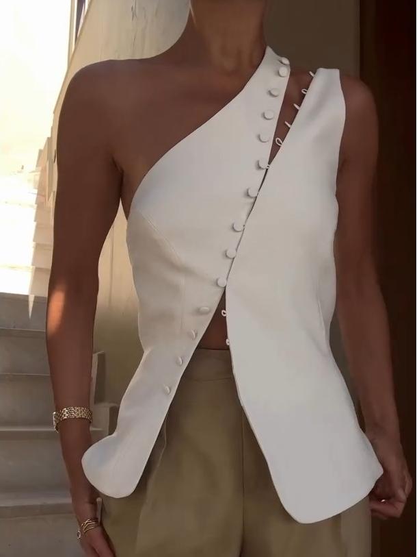 Maïwen Top Femme – Top Asymétrique One-Shoulder Sans Manches avec Boutons Décoratifs
